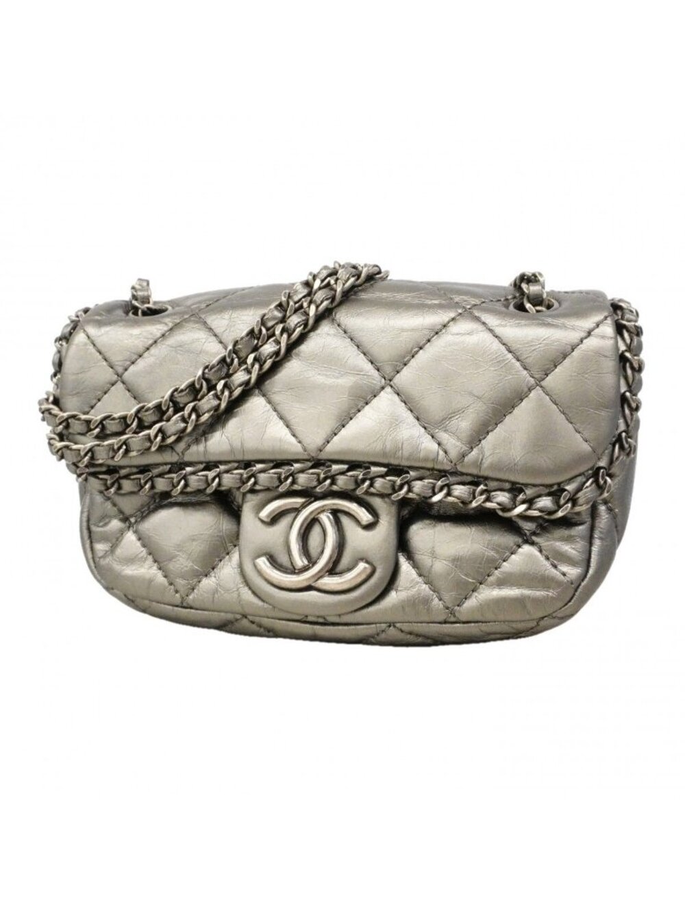 Chanel Shoulder Bag Quilted Leather Silver